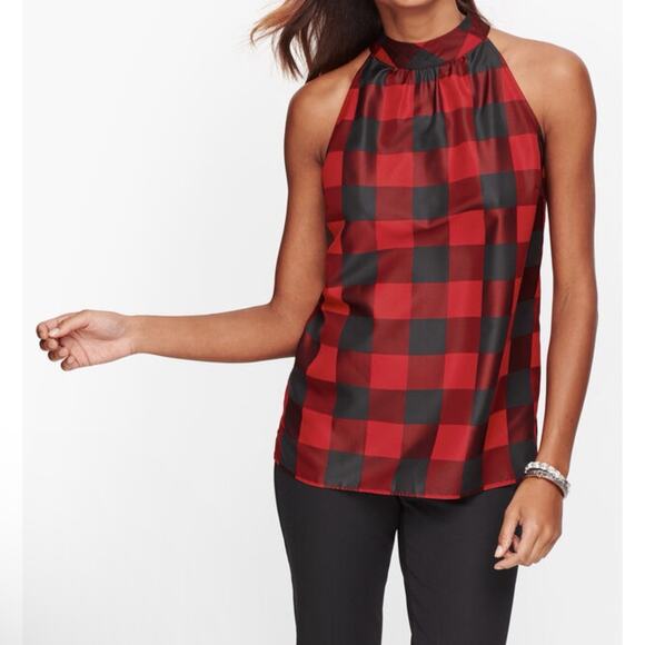 Talbots Tie Neck Halter Top Buffalo Check Sz 14 Red Black Plaid Classic Feminine - Picture 1 of 10